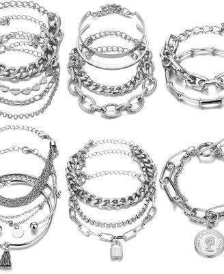 18-25 PCS(6 Pack) Boho Gold Bracelets Set for Women Stackable Chunky Dainty Bangles Adjustable Chain Flat Cuff Cuban Punk Charm Bundle Jewelry