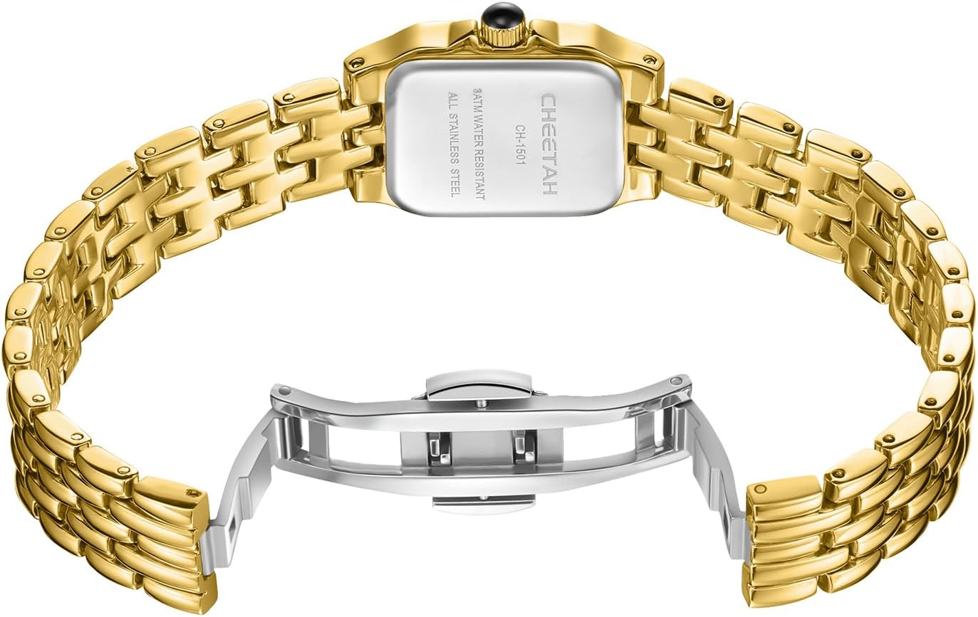 Gold Watches for Women with Small Vintage Bracelet, Rectangular Case Roman Dial - Image 3