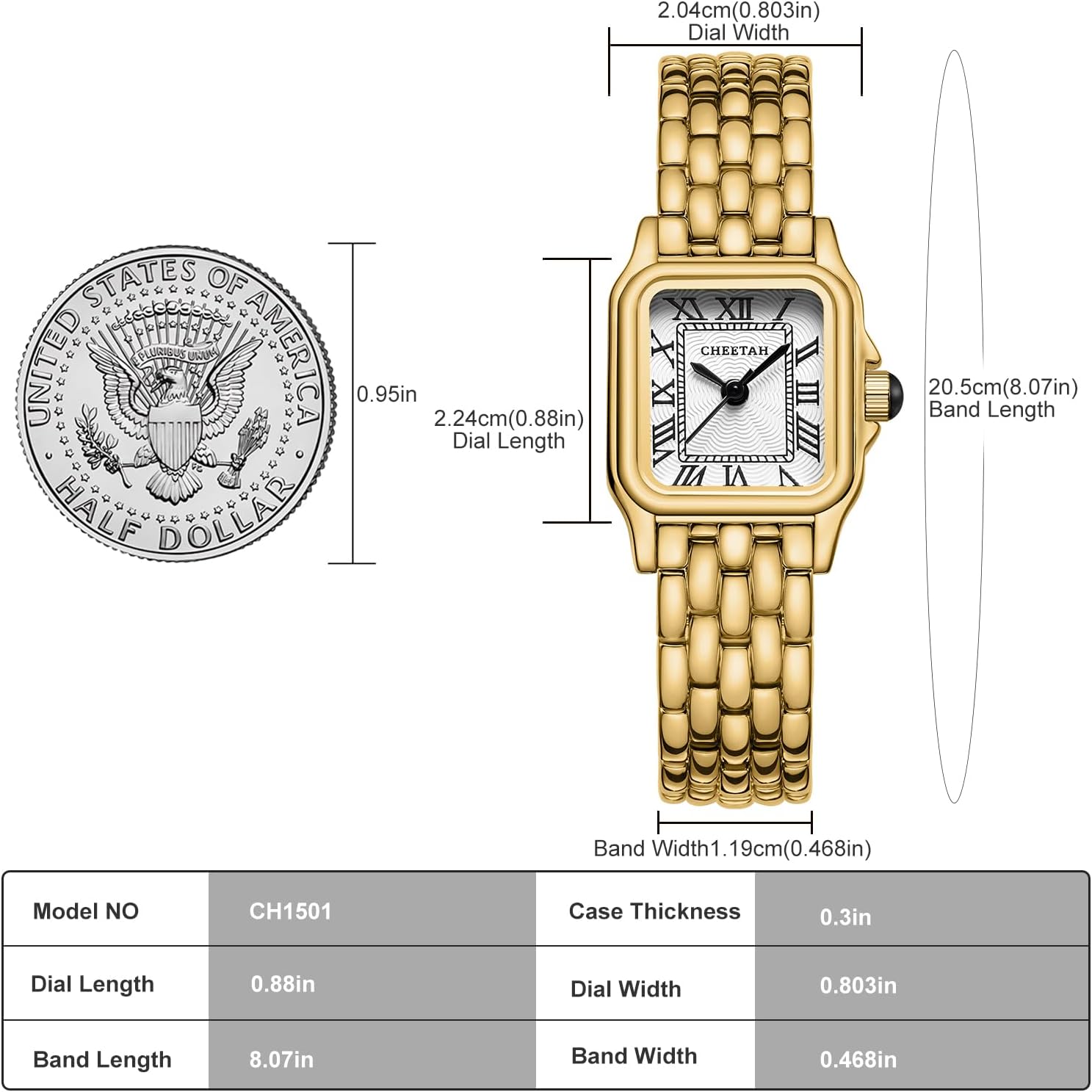 Gold Watches for Women with Small Vintage Bracelet, Rectangular Case Roman Dial - Image 5