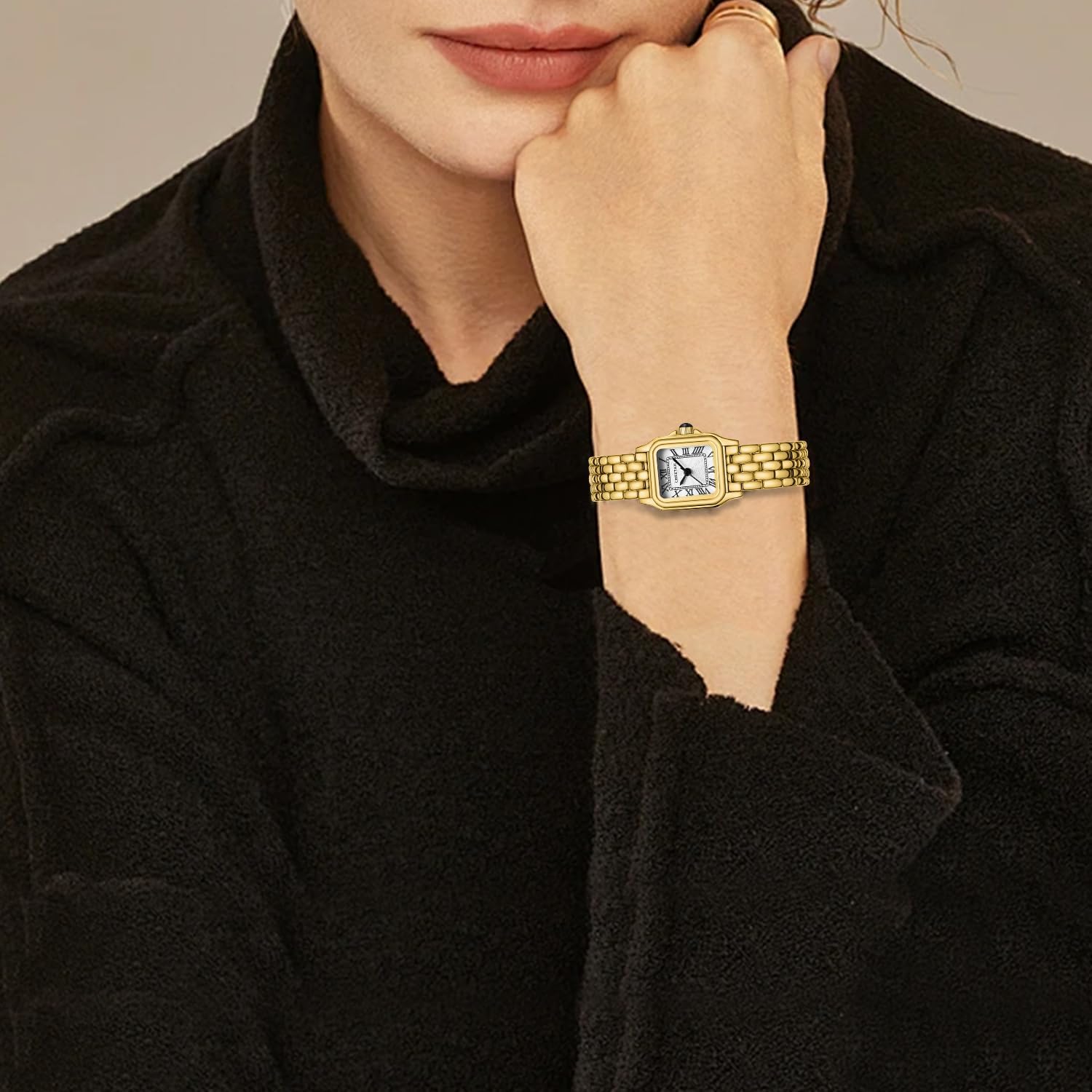 Gold Watches for Women with Small Vintage Bracelet, Rectangular Case Roman Dial - Image 6